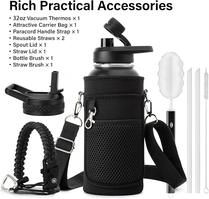 32 oz Insulated Water Bottle | Thickened Stainless Steel Vacuum Metal | Portable Sports Water Jug for Gym and Hiking with Straw, Carrier Bag, Handle Strap | BPA-Free 32 oz, Black