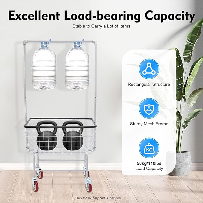 67"H Laundry Cart, Rolling Laundry Basket with Hanging Rack & Wheels, Metal Steel Wire Clothes Hamper with Storage Shelf for Homes, Hotels, Bathrooms & Commercial Laundry, 110lbs Capacity(B)