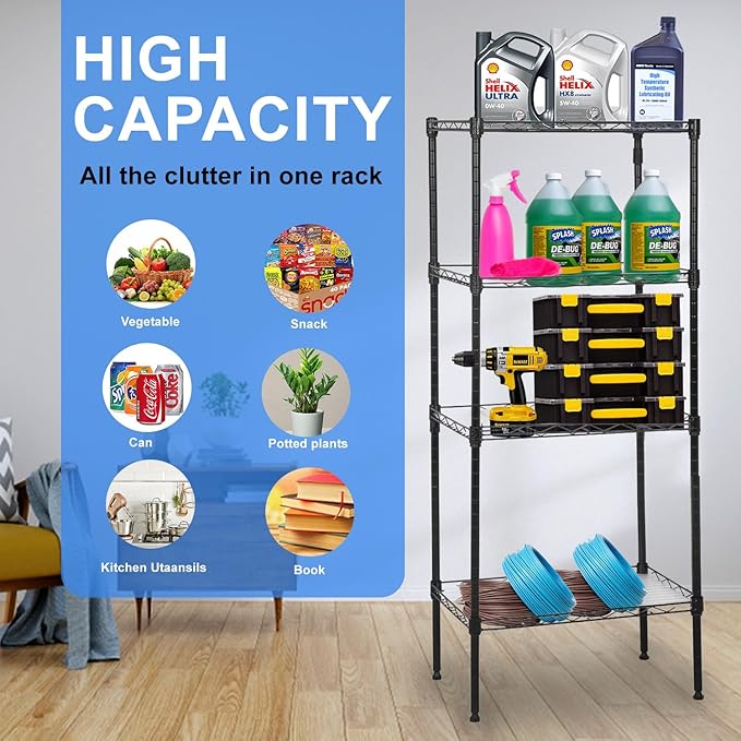 PayLessHere | 4-Tier Wire Shelf | 18"x12"x44" | Black | Adjustable Racks | Heavy-Duty Storage Shelves, Holds Upto 600 lbs | Rust-Resistant, No-Tool Assembly | for Home, Garage Shelving