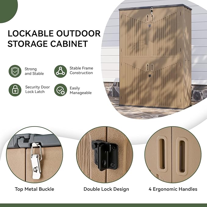 Aoxun Outdoor Storage Shed with 2 Shelves & Floor, 64 Cu.Ft Large Outdoor Storage Cabinet, Waterproof Vertical Resin Shed for Garden Tools, Pool Equipment, Brown