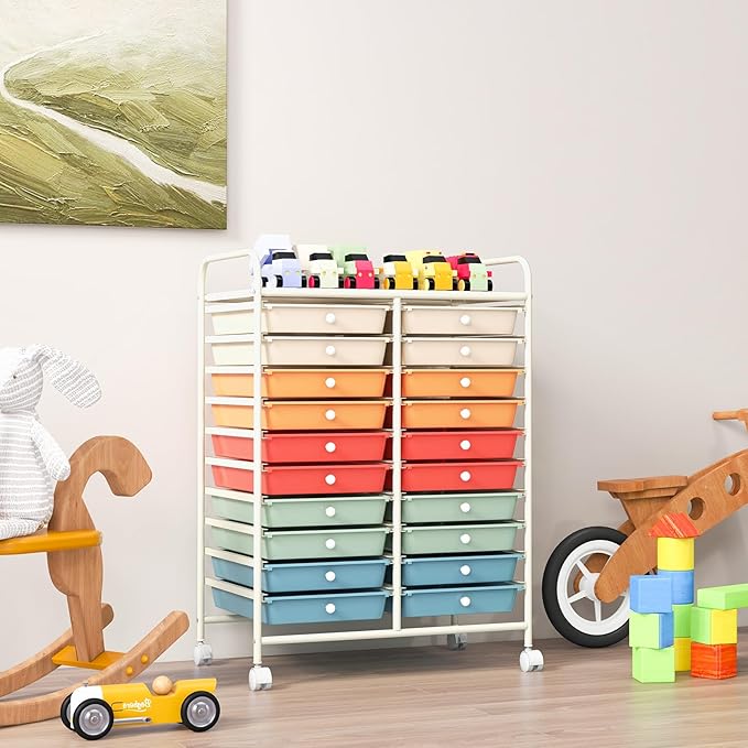 GOFLAME 20-Drawer Rolling Storage Cart, Multifunctional Art Craft Organizer Cart, Mobile Utility Storage Cart with Removable Drawers & Lockable Wheels, Craft Cart for Home Office School, Macaron Color