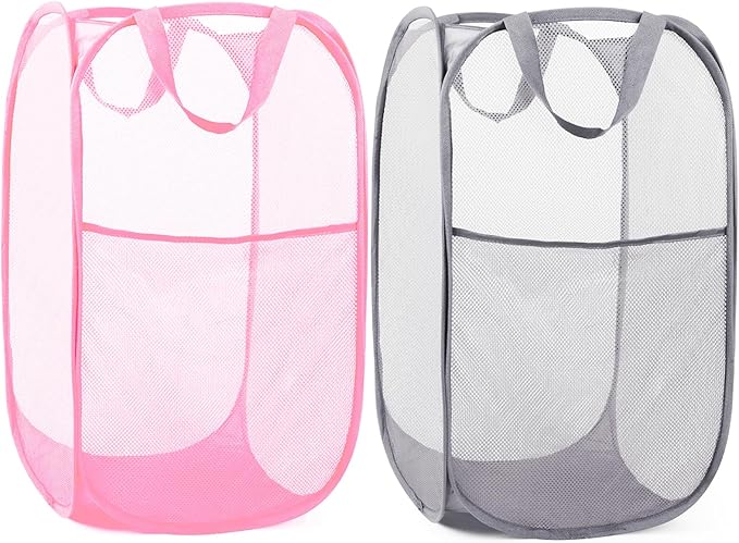 Durable Collapsible Laundry Baskets - Reinforced Mesh Pop Up Laundry Hamper with Pocket, Foldable Dirty Clothes Hamper with Carry Handles for Laundry, Bathroom, Kids Room, Dorm or Travel Pink+Grey
