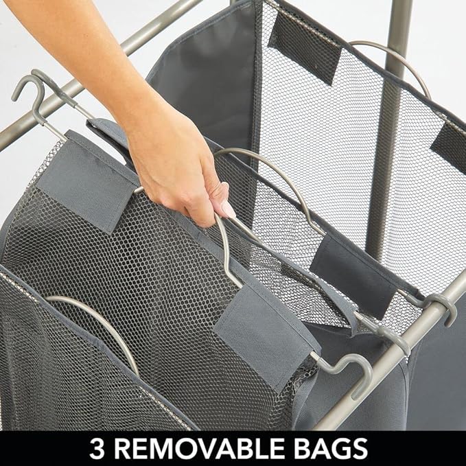 mDesign Portable Laundry Sorter with Wheels and Garment Hanging Bar - Heavy Duty Metal Cart System with 3 Hamper Laundry Sorter Basket Organizers and Drying Rack - Satin/Dark Charcoal Gray