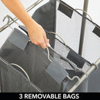 mDesign Portable Laundry Sorter with Wheels and Garment Hanging Bar - Heavy Duty Metal Cart System with 3 Hamper Laundry Sorter Basket Organizers and Drying Rack - Satin/Dark Charcoal Gray
