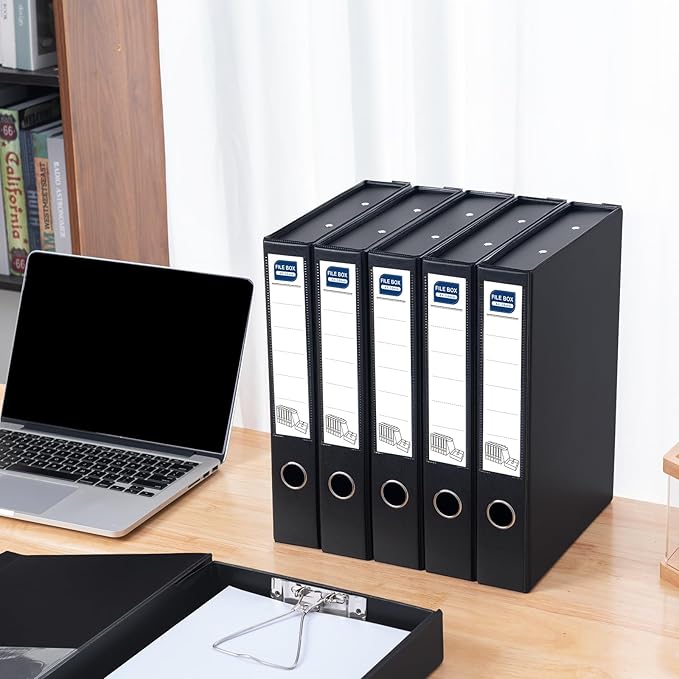 Storage File Boxes A4, 6 Pack Foldable File Box with Clip, 50mm Spine, Plastic Archives Cases with Magnetic Closure, Document File Folder Organizer Storage Filing Box for Office School, Black