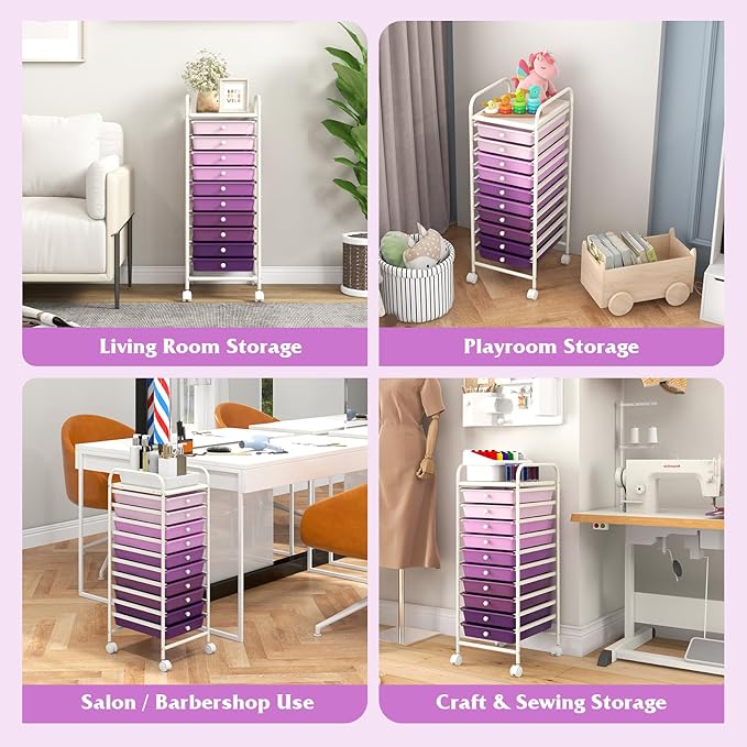 Storage Cart, Rolling Utility Cart with 10 Drawers, Portable Handles & Lockable Wheels, Mobile Paper Toys Storage Organizer Large Capacity for Home Office School Teacher (Purple Gradient)