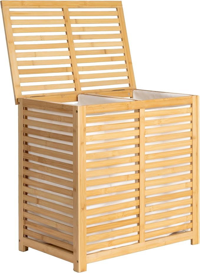 Household Essentials Bamboo and Cotton Double Laundry Sorter with Lid and Removable Cotton Bags, Natural
