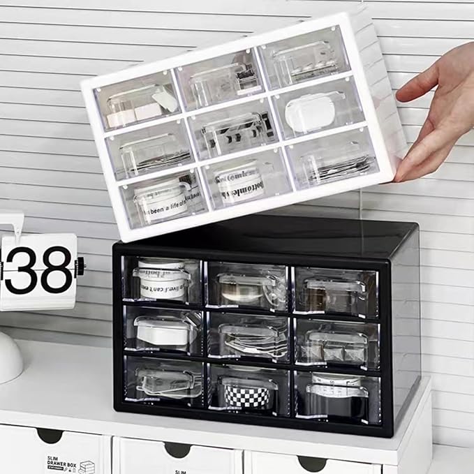 Feadily 1PCS Large Drawer Organizer for Desk, Desktop Drawer Organizer with 9 Clear Drawers, Plastic Desktop Storage Drawers 10.04 Inch x 6.30 Inch x 6.10 Inch, Black