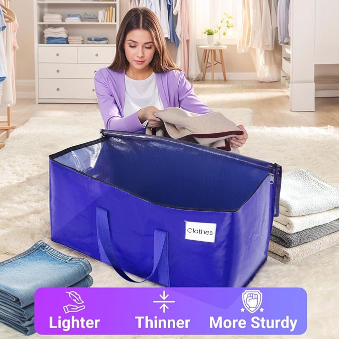 Moving Storage Bags, Moving Supplies Packing Boxes for Moving, Camping, College Dorm Room Essentials for Girls, Blue Tote Bags, Heavy-Duty Storage Bins With Lids And Zippers, 76L 8Pack
