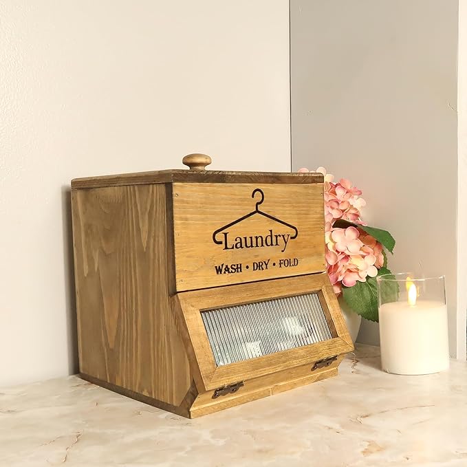 Besuerte Laundry Pod Holder - 2 Tiered Rustic Wooden Dispenser, Dryer Sheet Container for Laundry Room Organizer, Brown