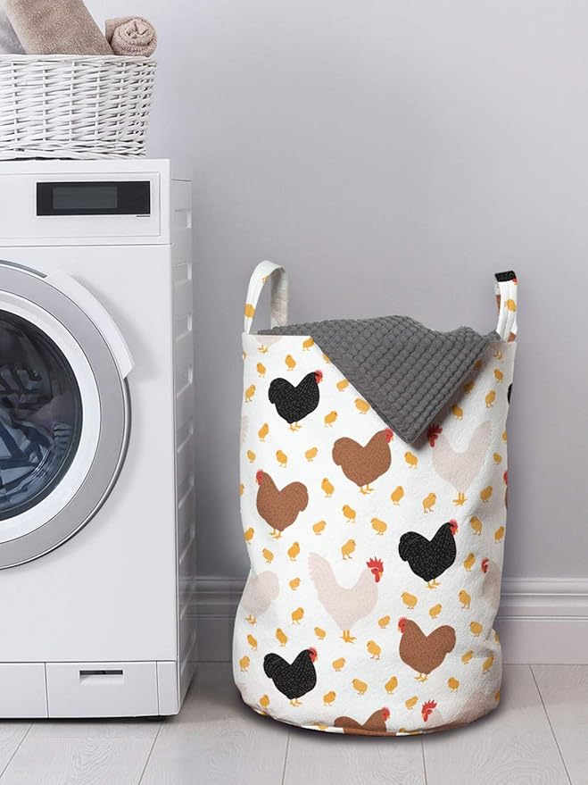 Ambesonne Hen and Chicks Laundry Bag, Farm Themed Continuous Pattern with Cartoon Domestic Birds and, Hamper Basket with Handles Drawstring Closure for Laundromats, 13" x 19", Black Brown