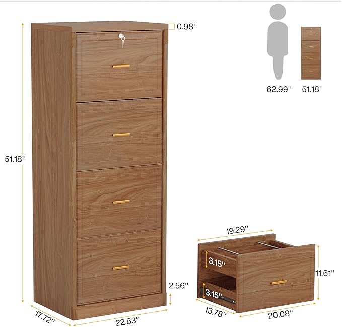Tribesigns 4-Drawer File Cabinet with Lock, Locked File Cabinet with Key, Tall Wooden Filing Cabinets for Home Office, Vertical Office Storage for Legal Size/Letter/A4/Files, Brown