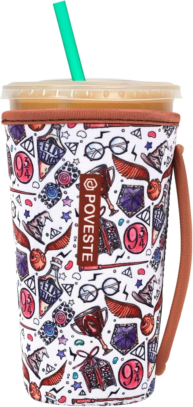 Reusable Neoprene Insulator Sleeve for Iced Coffee & Cold Soda, Coffee Sleeves for Iced & Hot Drinks, Cold Beverage Cooler Compatible with Starbucks, Dunkin (Quidditch Game, Large: 32oz)