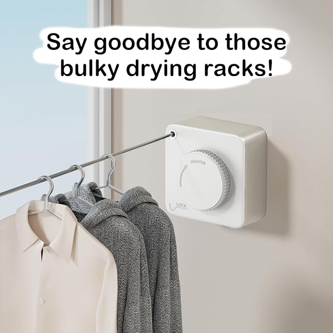 JXKNKSR-Telescopic Clothesline Indoor and Outdoor, Heavy-Duty Laundry Line, Wall Mounted, Safety Lock System (White+10Clothes Pins)