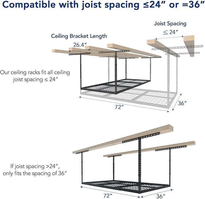 FLEXIMOUNTS 3x6 Overhead Garage Storage Adjustable Ceiling Storage Rack with 2-Pack 1x4ft 12-inch-by-48-inch Wall Shelf, 450lbs+300lbs Capacity, Black