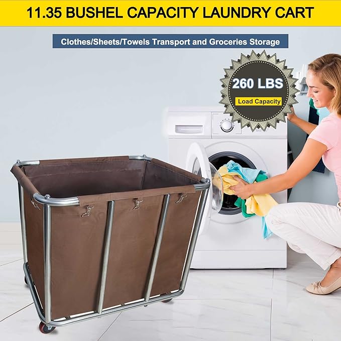 Commercial Laundry Cart with Wheels, Large Industrial Rolling Laundry Basket,Stainless Steel Heavy Duty Commercial Laundry Hamper with Waterproof Lning,Utility Cart, 260 LBS Load,11.35 Bushel