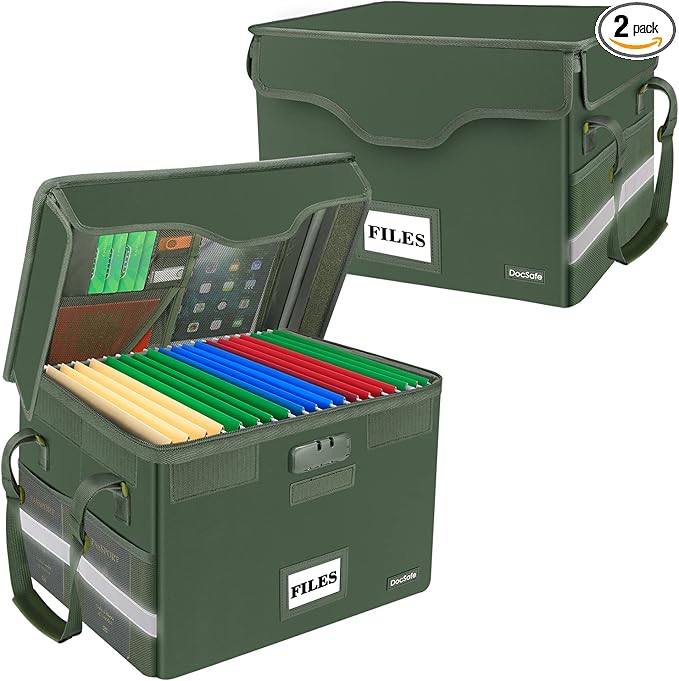 DocSafe Fireproof Document Box with Lock,File Storage Organizer with Pockets,Collapsible Portable File Box Home Office Safe Filing Cabinet with Handle for Hanging Letter/Legal Folders,Green,2 Pack