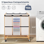 STO STO 3-Section Laundry Sorter with Bamboo Frame, Rolling Laundry Hamper Basket with Removable Bags and Lockable Wheels, Laundry Cart for Clothes Storage in Bedroom & Laundry Room, Beige