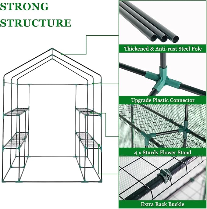 Walk-in Greenhouse with Iron Pipe Steeple, 77H x 56W x 56D inches, Greenhouse for Outdoors with Screen Windows, Green PE Cover, Roll-up Zipper Door, Portable Green House with Shelf Clips