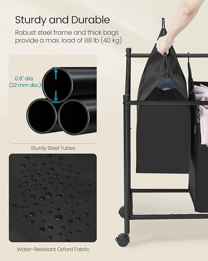 SONGMICS Rolling Laundry Sorter Basket with 4 Removable Bags, Laundry Hamper Cart, for Bedroom, Bathroom, 4 x 11.9 Gallons, Ink Black URLS103B01