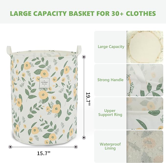 Large Foldable Laundry Basket Organizer Holder portable tall collapsible laundry hamper nusery Storage Basket Bin with Handles Closure (Waterproof Lining, Floral Green Orange)