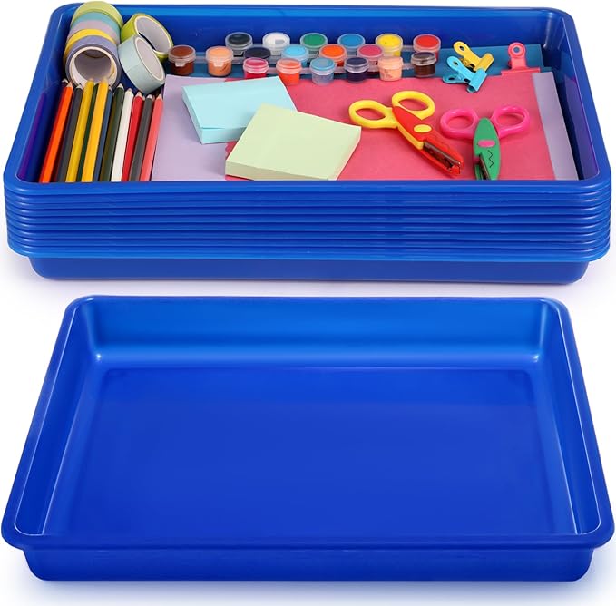 Hoteam 10 Pcs Flat Storage Organizer Tray Bin Letter Size Paper Tray for Classroom Plastic Stackable File Organizer for School Office Teacher Book Organization(Blue,16.14 x 11.81 x 1.38 Inch)