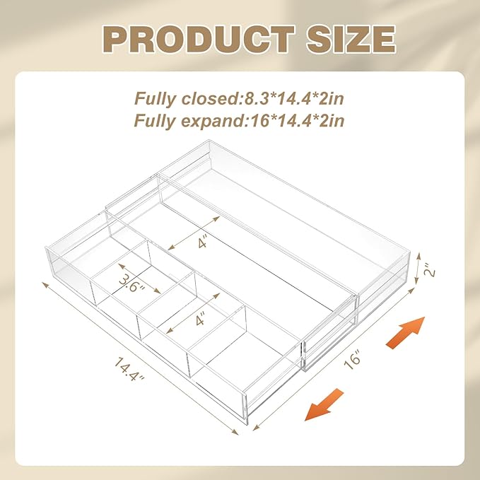 1 Pcs Acrylic Desk Drawer Organizer 12'' up to 16'' x 14.5'' x 2.2'' Expandable Drawer Organizer Trays with 7 Adjustable Compartments Clear Desk Accessories for Makeup Office Bathroom