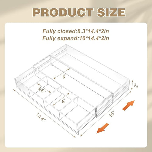 1 Pcs Acrylic Desk Drawer Organizer 12'' up to 16'' x 14.5'' x 2.2'' Expandable Drawer Organizer Trays with 7 Adjustable Compartments Clear Desk Accessories for Makeup Office Bathroom