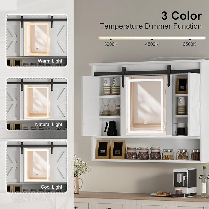 Farmhouse Lighted Medicine Cabinet with Mirror,Sliding Barn Door Mirrored Medicine Cabinet for Bathroom,3-Color Memory LED Medicine Cabinets Mirror Wall Mounted for Kitchen/Laundry,28x35