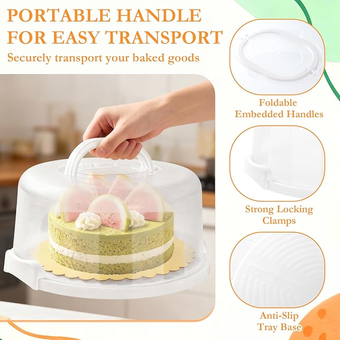 10 Inch Cake Carrier with Lid and Handle, Round Cake Transport Container with 10 Inch Cake Boards & Cupcake Serving Tray, Portable Pie Cake Holder with Cover for Wedding Party Picnics Camping