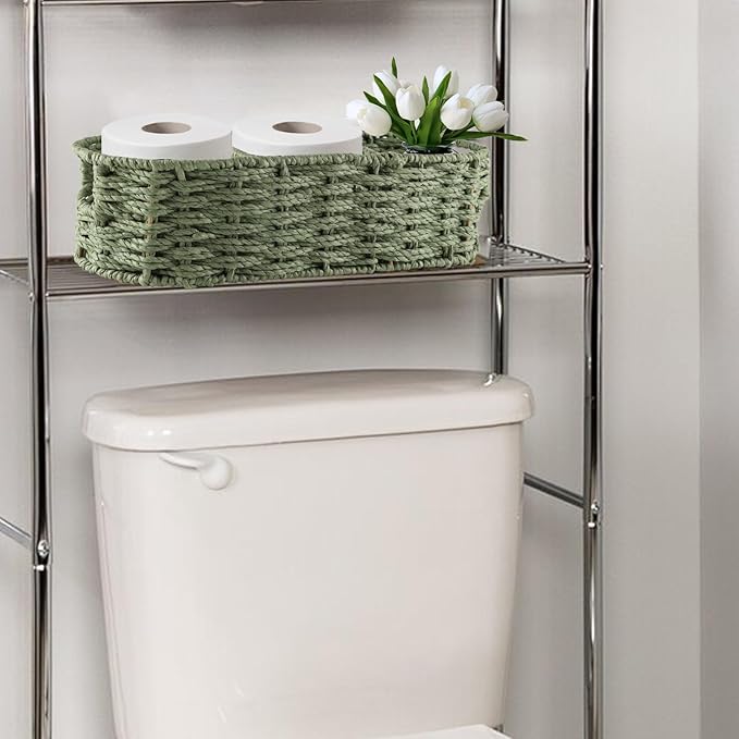 Over the Toilet Paper Organizer,Woven Wicker Storage Basket with Handle for Toilet Tank Top,3-Compartment Rope Toilets Paper Tray Organizer for Bedroom Living Room,Bathroom Toilets Roll Holder