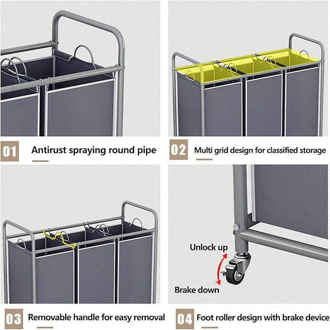 3-Bag Laundry Sorter Cart with Rolling Lockable Wheels, Removable Bags, 32.68 x 15.75 x 33.46 in, Black, Beige and Grey (Grey)
