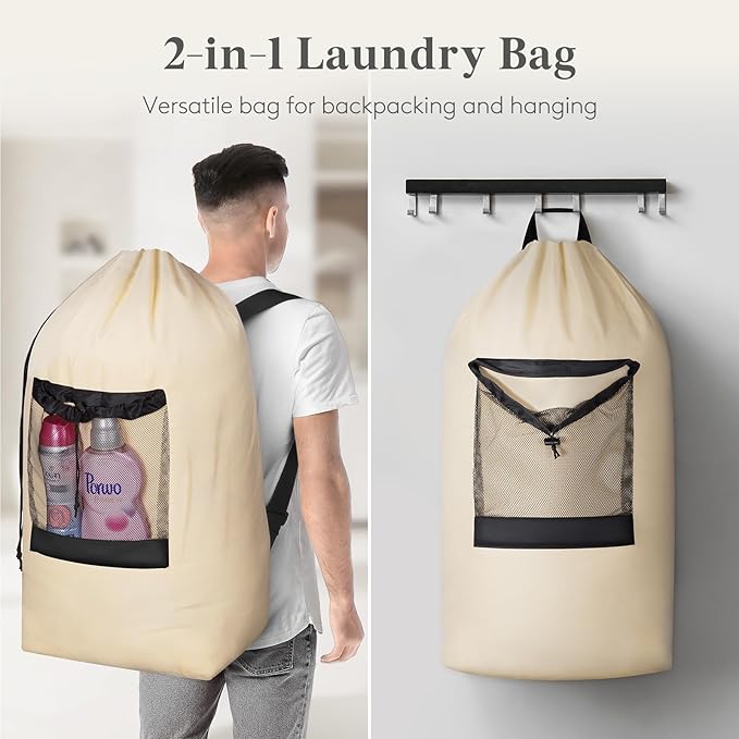 Lifewit Laundry Bag, Extra Large Laundry Backpack with Shoulder Straps and Mesh Pocket for Laundromat, Heavy Duty Laundry Bag Backpack for Dirty Clothes for College Dorm/Travel/Apartment, 90L, Khaki