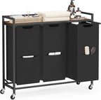 VASAGLE Laundry Sorter, 43.5 Gal. (165 L) Laundry Hamper Basket with 3 Compartments, Rolling Cart with Wheels, Shelf, Removable Bags, Pockets, Ink Black and Rustic Brown UBLH031B01