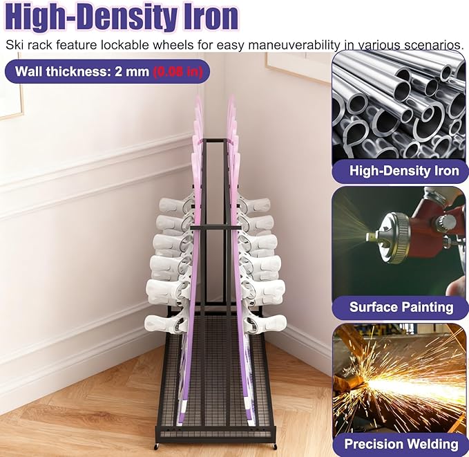 1 2 3 4 5 6 8 9 10 Pair Ski Storage Rack for Organize, Indoor Ski Board Stand for Garage/Basement/Shed, Floor Standing Longboard Carrier Wheels(Holds 2 pcs (1 Pair))