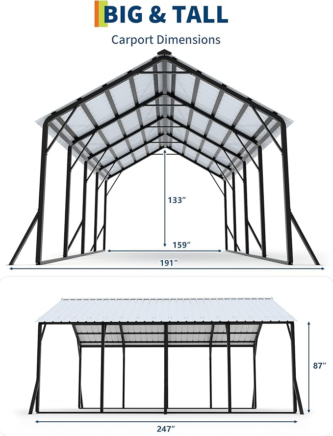 Garvee 13x21 ft Metal Carport Kit, 120° Steep-Pitch Vertical Roof for Snow Shedding, 133" High-Clearance Full-Sized Pickup & Van Shelter, Heavy-Duty Metal Car Port with Reinforced Frame