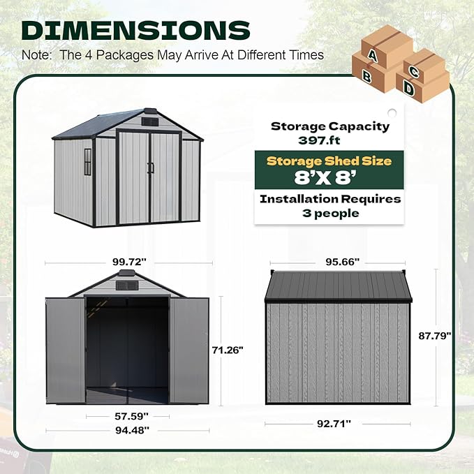 8 x 8 FT Resin Outdoor Storage Shed, All-Weather Plastic Garden Shed with Floor, Lockable Doors & Windows, Plastic Tool Shed for Backyard, Patio, Poolside