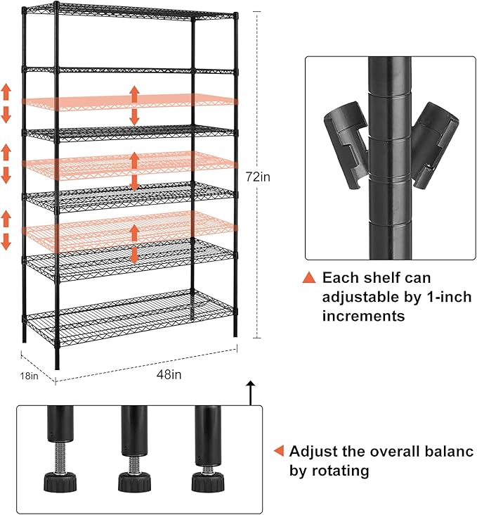 6000Lbs Capacity Heavy Duty Storage Shelves Commercial Wire Shelving Unit and Storage Adjustable NSF 6 Tier Metal Rack Shelf on Wheels for Garage Basement, 76 H x 48 L x 18 D - Black