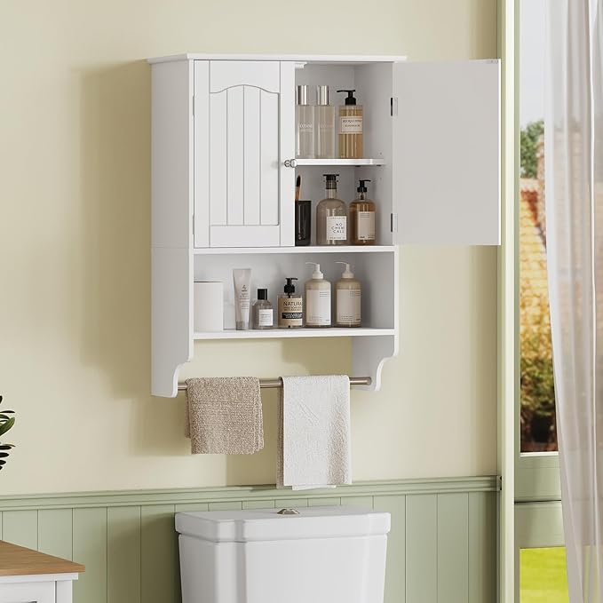 TEENFON Bathroom Wall Cabinet with Adjustable Shelves and Towel Rack, Wall Mounted Over the Toilet Storage Cabinet for Bathroom, Living Room, White UNGGX005W