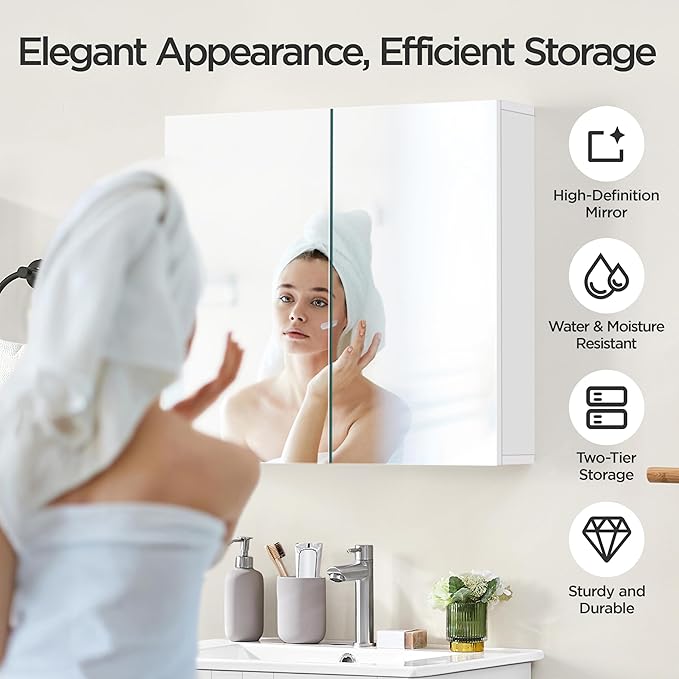 Yaheetech Bathroom Mirror Cabinet, Medicine Cabinet with 2 Frameless Mirrored Doors, Wall-Mounted Storage Cupboard with Adjustable Shelf for Living Room, Laundry Room, Mudroom