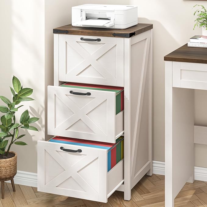 3 Drawer Tall File Cabinet, Farmhouse Vertical Filing Cabinet Fits Letter/A4 Size, Wood File Cabinets Printer Stand for Home Office, Living Room, Rustic White