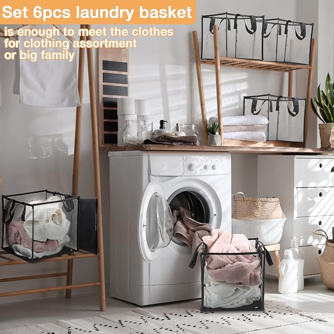 Zopeal 6 Pack Popup Laundry Hamper 13 Inch Collapsible Laundry Baskets with Handles Mesh Clothes Baskets Portable Single Layer Foldable Clothes Hamper Square Bin for Washing (Black,Single-layer)