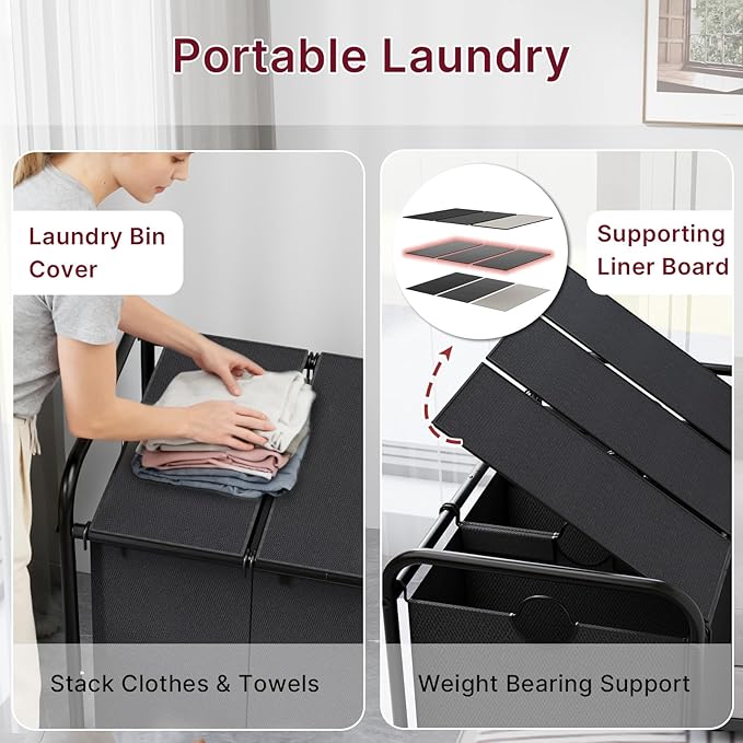 3-Compartment Laundry Cart with Lockable Wheels & Lid 180L Large Wheeled Laundry Basket Heavy-Duty Sorting Organizer for Laundry Room (Black)