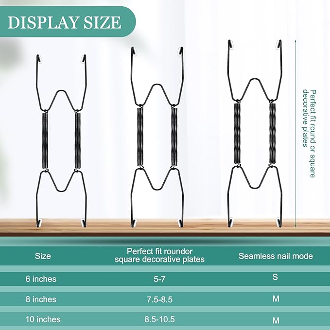 Hotop 12 Pieces Plate Hangers for Wall Stainless Steel Wire Invisible Heavy Duty Plate Hangers Display Holders with 12 Pieces Hooks for Wall Decorative(6/8/10 Inch,Black)