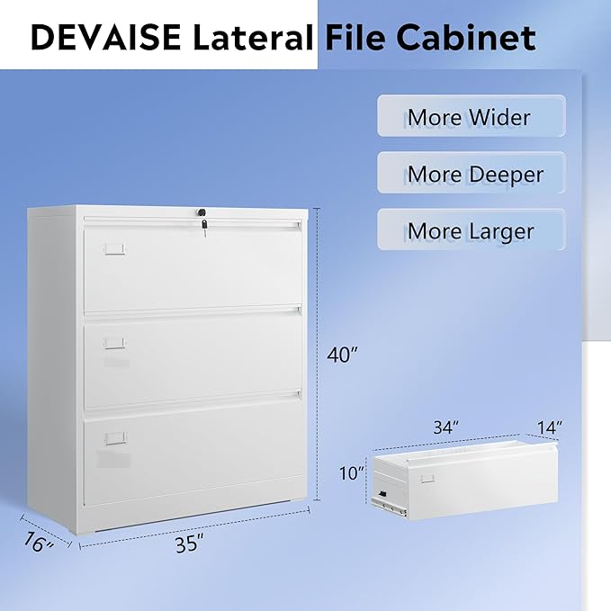 DEVAISE Metal Lateral File Cabinet with Lock, 3 Drawer Filing Cabinet for Legal/Letter/A4/F4 Size, Storage Cabinet for Home Office School, Assembly Required, 16" D x 35" W x 41" H