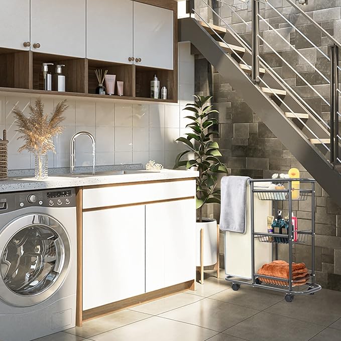 Narrow Laundry Cart with Wheels,3 Baskets and 45L Laundry Bag Metal Rolling Cart for Small Space,Laundry Room Organization and Storage for Bathroom Living Room Apartment Dorm