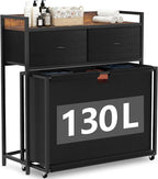Laundry Hamper with 3 Section Rolling Bags, Laundry Sorter with Wheels, Laundry Basket with 2 Drawer for Laundry Room (Black and Rustic Brown)
