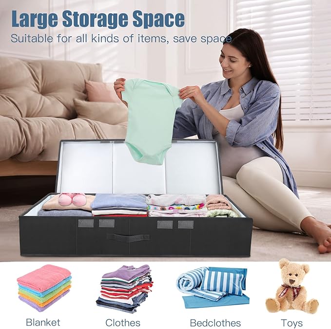 Underbed Storage Containers Bin with Lids (Set of 2) Large Under Bed Storage Organizer Box with Handle, Foldable Under the Storage Bags for Organizing Clothes, Shoes, Blankets, Pillows-Black