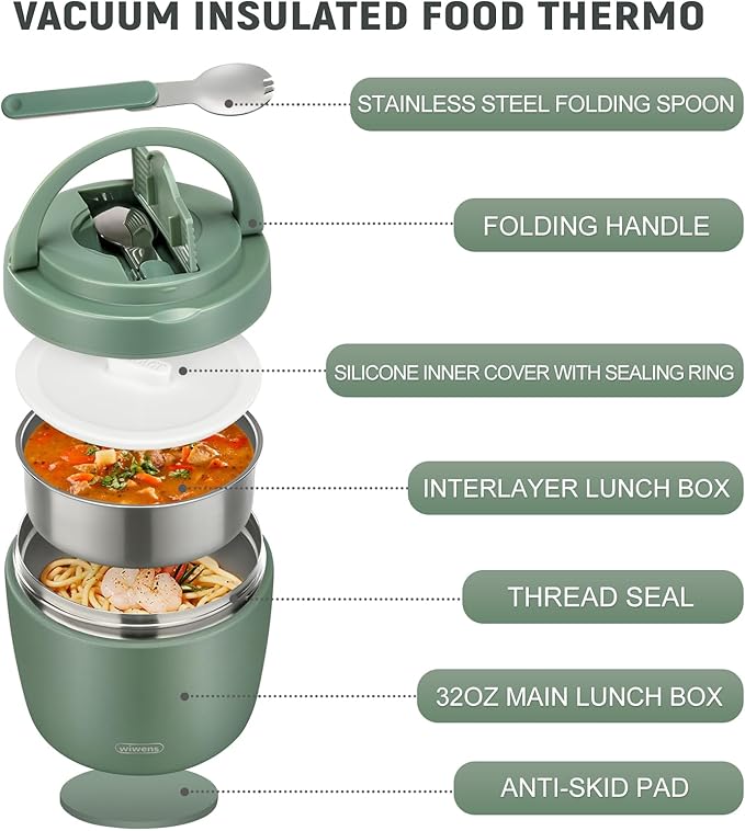 Thermo Food Jar for Hot Food Adults 32OZ Soup Thermo Lunch Containers Wide Mouth Vacuum Insulated Stainless Steel Leakproof Bento Box with Spoon (Green)