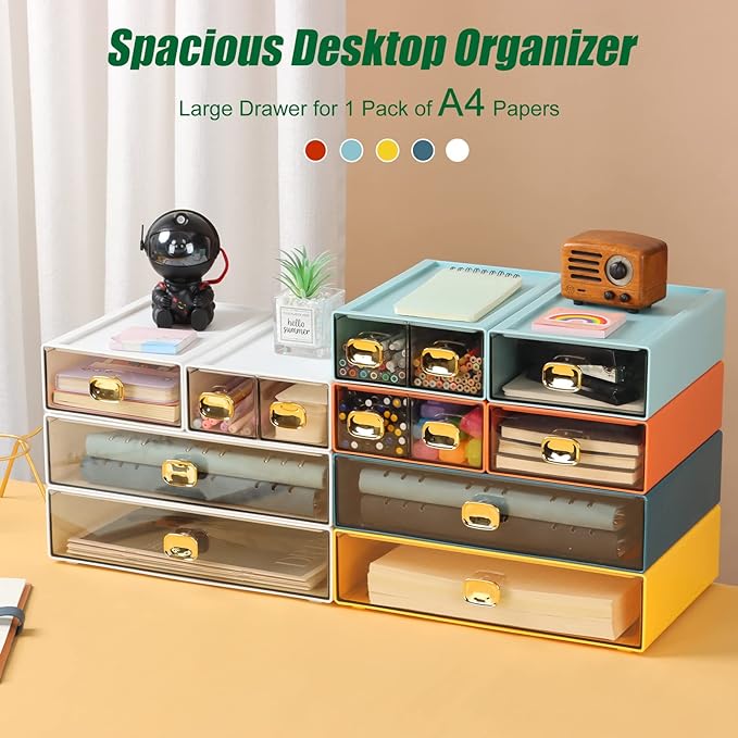 Spacious Desktop Storage Box, 1 Large 1 Middle & 2 Small Storage Drawers, Stackable Office Desk Drawer Organizer and Accessories, Printer Paper Organizer, Cyan Plastic Drawers for Workspace